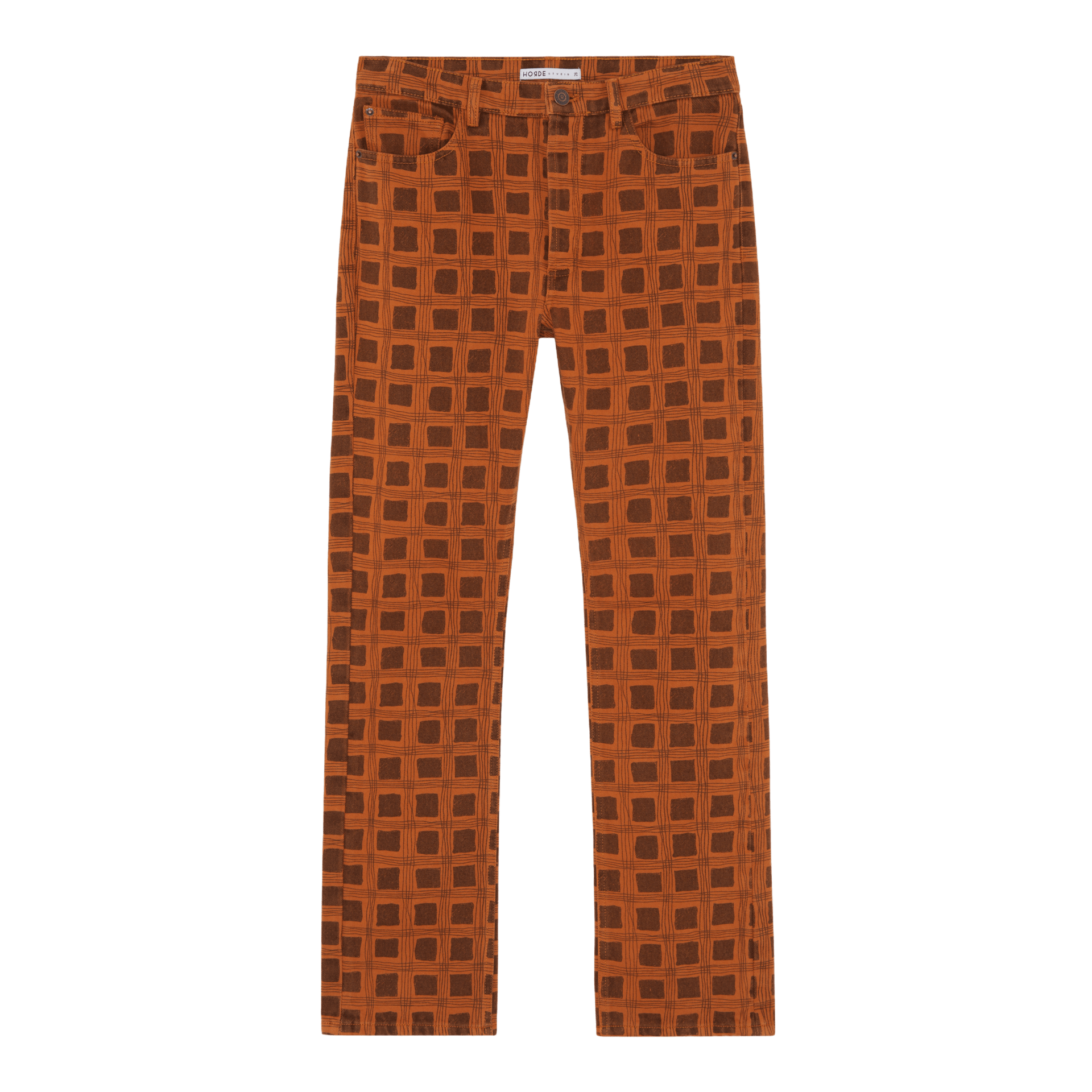 HEIARI BROWN CHECK PRINTED DENIM TROUSERS