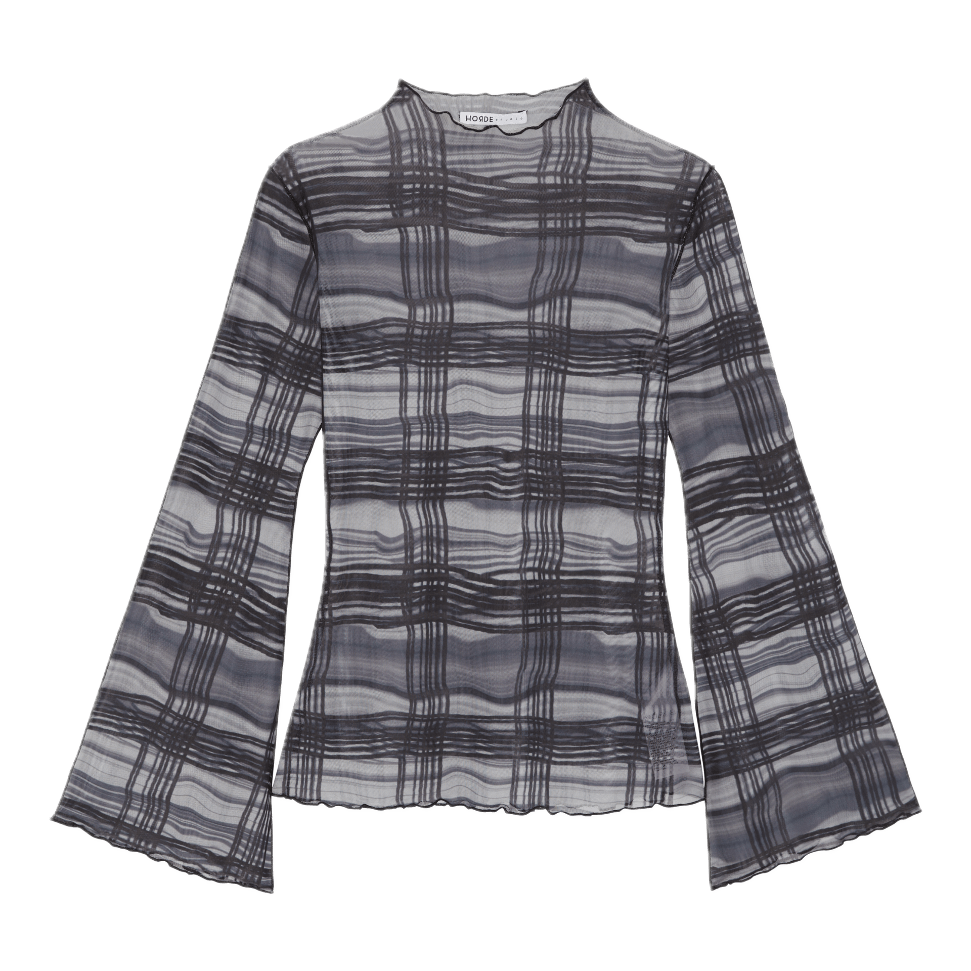 ORIAN BLACK MELTED CHECK PRINT MESH LONG SLEEVES TOP​